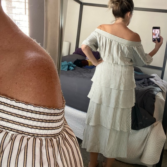 Maje Striped Off-Shoulder, Tiered, Ruffle Dress - Picture 6 of 8